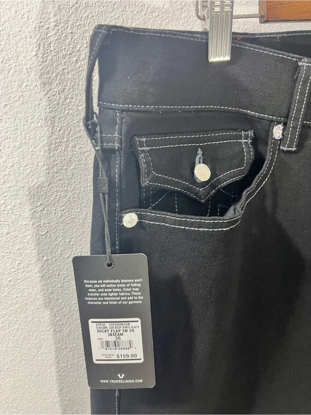 True Religion Ricky SN Flap Relaxed Straight Jeans Men’s Size 36x30 Black Rinse